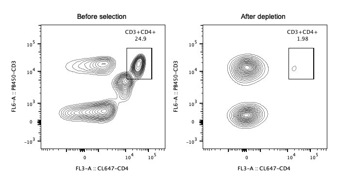 Following depletion of CD4+ cells, supernatant cell suspension was stained with PB450-CD3(clone: HIT3a) and CL647-CD4(clone: OKT4) antibodies. CD45 positive cells are gated in the analysis. Left panel: CD3+CD4+ cells before selection. Right panel: CD3+CD4+ cells after depletion. Human CD4 antibody conjugated magnetic beads are tested using PBMC from three donors. 
