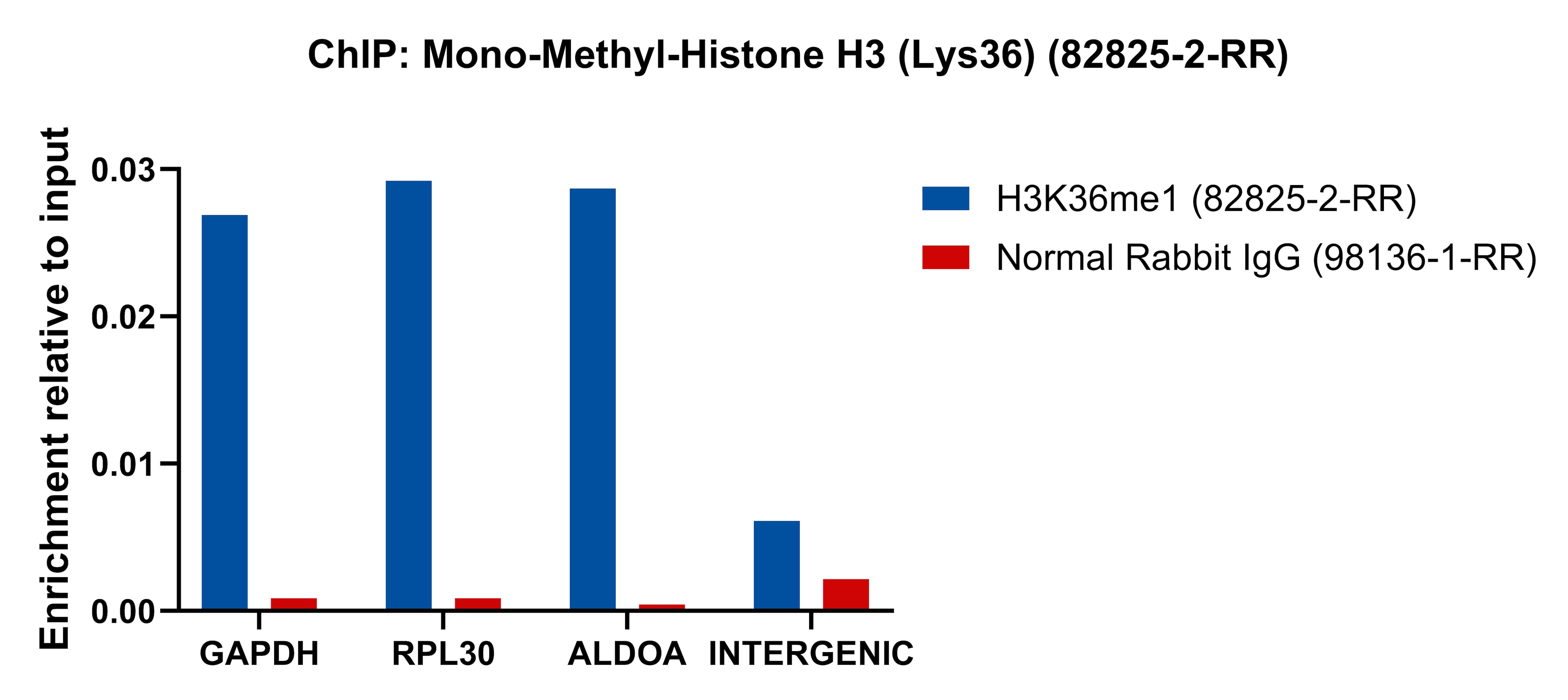 Chromatin was prepared from HeLa cells. Cells were fixed with formaldehyde for 10 minutes. The ChIP was performed with 15 µg of cross-linked chromatin, 5 µg of Mono-Methyl-Histone H3 (Lys36) (82825-2-RR) or 5 ug of Normal Rabbit IgG (98136-1-RR), and 20 µl of Protein A Magarose Beads. The immunoprecipitated DNA was quantified by real-time PCR. ChIP experiment of HeLa cells using Mono-Methyl-Histone H3 (Lys36) Recombinant antibod (82825-2-RR)
