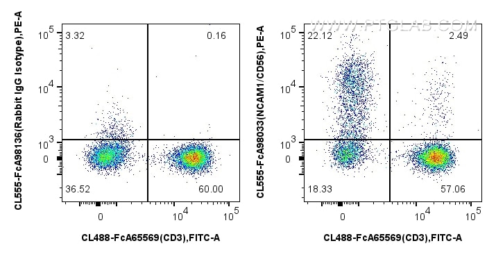 FC experiment of human PBMCs using CL555-FcA98033 Flow cytometry (FC) experiment of human PBMCs using FcZero-rAb® CoraLite® Plus 555 Anti-Human NCAM1/CD (CL555-FcA98033)
