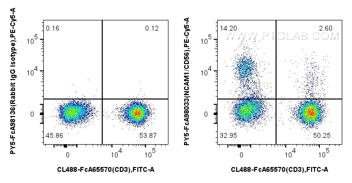 1x10^6 human PBMCs were surface stained with FcZero-rAb™ CoraLite® Plus 488 Anti-Human CD3 (UCHT1), and 5 ul PE-Cyanine5 Anti-Human NCAM1/CD56 Rabbit RecAb (PY5-FcA98033, Clone: 240078A7) or FcZero-rAb™ PE-Cyanine5 Rabbit IgG Isotype Control Recombinant Antibody (PY5-FcA98136, Clone: 240953C9). Cells were incubated with MonoZero™ Monocytes blocking Reagent (PF00020) prior to staining. Cells were not fixed. Flow cytometry (FC) experiment of human PBMCs using FcZero-rAb® PE-Cyanine5 Anti-Human NCAM1/CD56 Rabb (PY5-FcA98033)