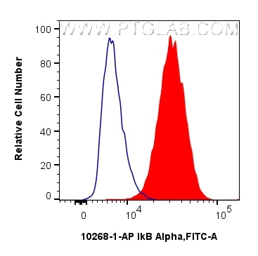 1x10^6 HeLa cells were intracellularly stained with 0.25 ug IkB Alpha Polyclonal antibody (10268-1-AP) and CoraLite®488-Conjugated Goat Anti-Rabbit IgG(H+L) (SA00013-2)(red),  or 0.25 ug Isotype Control (blue). Cells were fixed and permeabilized with Transcription Factor Staining Buffer Kit (PF00011). Flow cytometry (FC) experiment of HeLa cells using IkB Alpha Polyclonal antibody (10268-1-AP)
