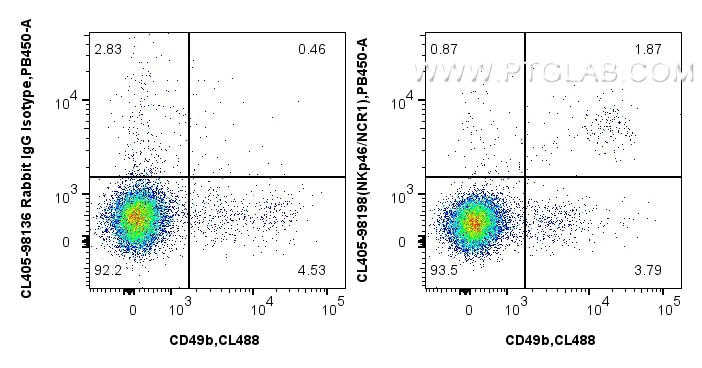 Flow cytometry (FC) experiment of mouse splenocytes using CoraLite® Plus 405 Anti-Mouse NKp46/NCR1 Rabbit Re (CL405-98198)