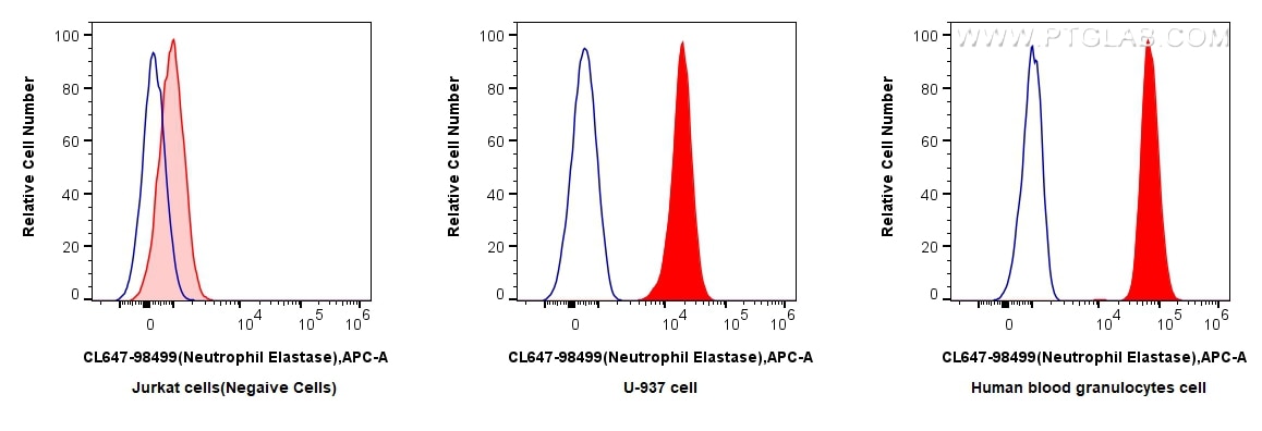 FC experiment of human blood granulocytes using CL647-98499 Flow cytometry (FC) experiment of human blood granulocytes using CoraLite® Plus 647 Anti-Human Neutrophil Elastase (CL647-98499)