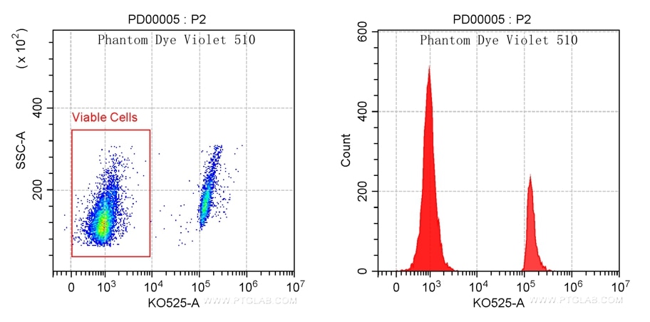 Mouse thymocytes cells were heat killed at 65℃ for 10 minutes and then mixed with live mouse thymocytes cells. Cells were then stained with Phantom Dye Violet 510 Viability Dye. Viable gate is indicated.