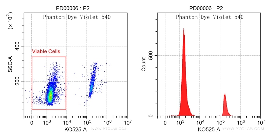 Mouse thymocytes cells were heat killed at 65℃ for 10 minutes and then mixed with live mouse thymocytes cells. Cells were then stained with Phantom Dye Violet 540 Viability Dye. Viable gate is indicated.