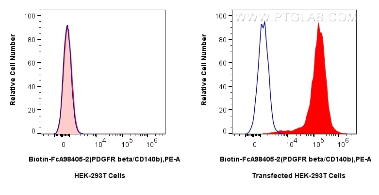 FC experiment of Transfected HEK-293T using Biotin-FcA98405-2 Flow cytometry (FC) experiment of Transfected HEK-293T cells using FcZero-rAb® Biotin Anti-Human PDGFR beta/CD140b Ra (Biotin-FcA98405-2)