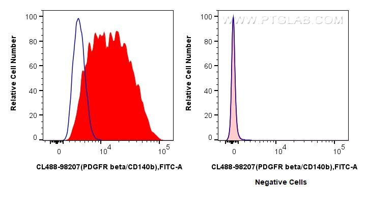 1x10^6 NIH/3T3 cells (left) or mouse splenocytes (right) were surface stained with 0.25 ug CoraLite® Plus 488 Anti-Mouse PDGFR beta/CD140b Rabbit RecAb (CL488-98207, Clone: 241754F6) (red) or 0.25 ug CoraLite® Plus 488 Rabbit IgG Isotype Control RecAb (CL488-98136, Clone: 240953C9) (blue). Cells were not fixed. Flow cytometry (FC) experiment of NIH/3T3 cells using CoraLite® Plus 488 Anti-Mouse PDGFR beta/CD140b Ra (CL488-98207)