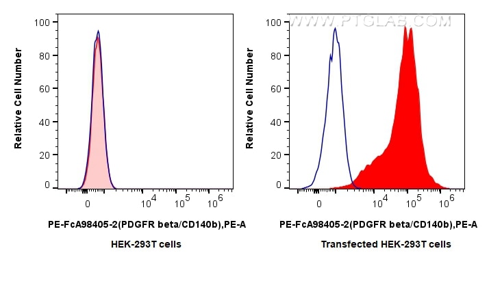 Flow cytometry (FC) experiment of Transfected HEK-293T cells using FcZero-rAb® PE Anti-Human PDGFR beta/CD140b Rabbit (PE-FcA98405-2)