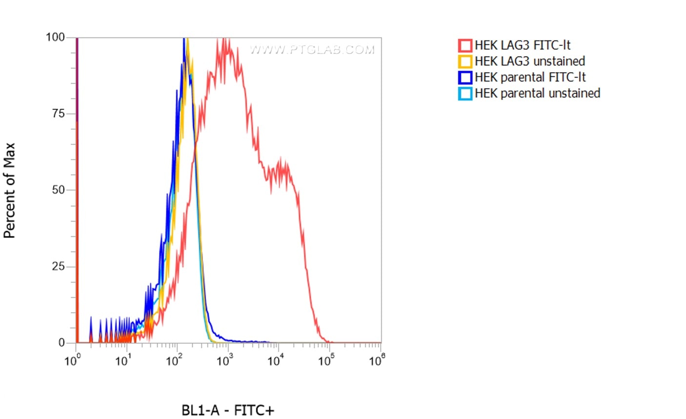 1X10^6 HEK LAG3 transient transfected cells (red) and HEK parental cells were surface stained with 0.25 µg FITC Plus conjugated-LAG3 VHH (FITC-lt). Cells were not fixed.