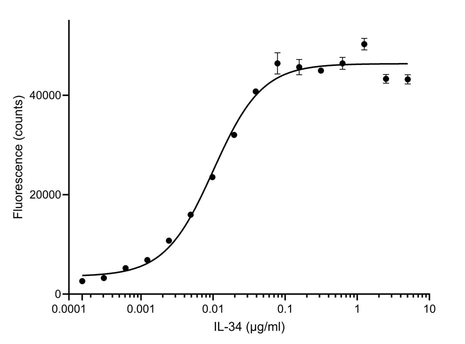 ELISA analysis of the capture of varying concentrations of HumanKine IL-34 (HZ-1316) by biotinylated anti-IL-34 VHH (IL34-b). Detection via mouse IgG1 ABIN969216.