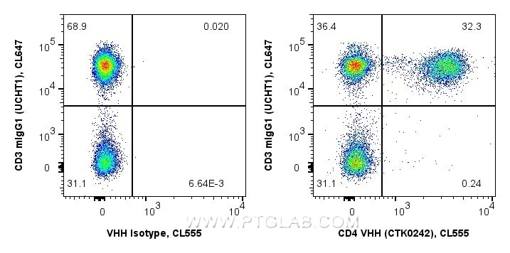 <b>Human PBMCs co-stained with anti-CD4 recombinant VHH and anti-CD3 UCHT1 in Flow Cytometry</b><br/>
1x10^6 human PBMCs were surface co-stained in 100 µL with 0.25 µg anti-CD4 recombinant VHH, CoraLite® Plus 555 (MG-1229CL555, Clone: CTK0242), or 0.25 µg recombinant VHH Isotype Control, CoraLite® Plus 555 (Clone: CTK0201), mixed with 5 µL Anti-Human CD3, CoraLite® Plus 647 (CL647-65151, Clone: UCHT1). Fc-receptors were blocked before staining. Fc-receptors were blocked before staining. Viability Dye (PD00002) was used. Cells were not fixed. Viable lymphocytes were gated.