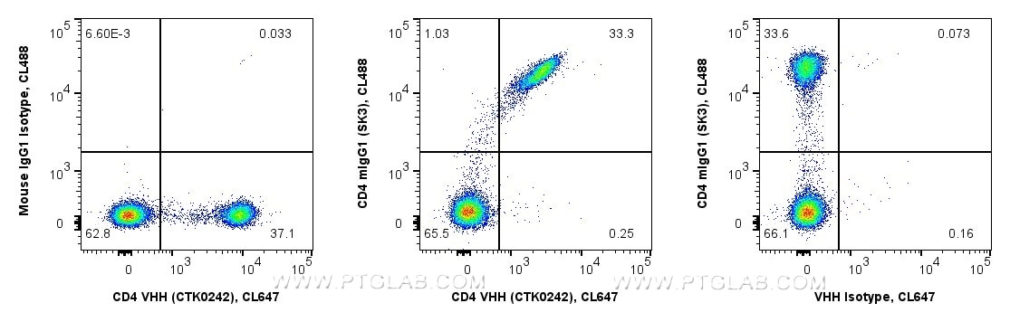 <b>Human PBMCs competitively co-stained with anti-CD4 recombinant VHH and anti-CD4 SK3 in Flow Cytometry</b>
<br/>1x10^6 human PBMCs were surface co-stained in 100 µL with 0.25 µg anti-CD4 recombinant VHH, CoraLite® Plus 647 (MG-1229CL647, Clone: CTK0242) mixed with 5 µL Anti-Human CD4, CoraLite® Plus 488 (CL488-65147, Clone: SK3) (middle). As controls 0.25 µg VHH were co-stained with 0.25 µg Mouse IgG1, κ Isotype Control, CoraLite® Plus 488 (CL488-98742-2, Clone: MOPC-21) (left), and 5 µL SK3 were co-stained with 0.25 µg recombinant VHH Isotype Control, CoraLite® Plus 647 (Clone: CTK0201, right). Fc-receptors were blocked. Viability Dye (PD00002) was used. Cells were not fixed. Viable lymphocytes were gated. 
Anti-Human CD4 recombinant VHH clone CTK0242 effectively co-stains the same CD4+ population as the conventional Anti-Human CD4 Mouse IgG1 clone SK3. Decreased signal intensity of CD4 VHH-positive stained cells co-stained with SK3 compared to CD4 VHH-positive stained cells co-stained with the mIgG1 Isotype Control indicate competition for an identical or overlapping epitope of CD4 bound by VHH and SK3. 