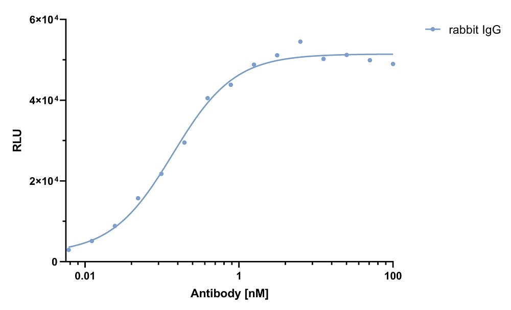 ELISA capture of a rabbit IgG antibody using Nano-CaptureLigand human IgG/rabbit IgG, Fc-specific VHH, biotinylated. 50 nM Nano-CaptureLigand human IgG/rabbit IgG, Fc-specific VHH, biotinylated was used for coating on an avidin-coated MaxiSorp plate. Rabbit IgG antibody were titrated in a 1:2 dilution series and detected with an alkaline phosphatase-conjugated detection antibody.