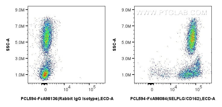 FC experiment of human peripheral blood leukocytes using PCL594-FcA98084 Flow cytometry (FC) experiment of human peripheral blood leukocytes using FcZero-rAb® PE-CoraLite® Plus 594 Anti-Human SELPL (PCL594-FcA98084)