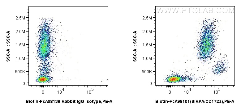 Flow cytometry (FC) experiment of human peripheral blood leukocytes using FcZero-rAb® Biotin Anti-Human SIRP Alpha/CD172a Ra (Biotin-FcA98101)