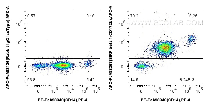 Flow cytometry (FC) experiment of human peripheral blood leukocytes using FcZero-rAb™ APC Anti-Human SIRP beta 1/CD172b Rabb (APC-FcA98267)