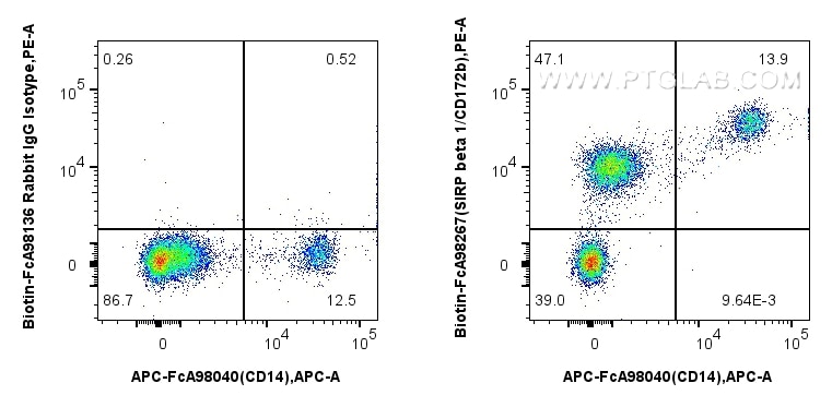 Flow cytometry (FC) experiment of human peripheral blood leukocytes using FcZero-rAb™ Biotin Anti-Human SIRP beta 1/CD172b R (Biotin-FcA98267)