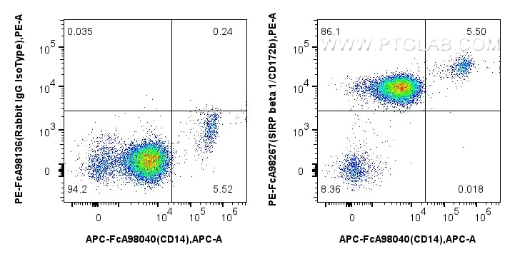 Flow cytometry (FC) experiment of human peripheral blood leukocytes using FcZero-rAb™ PE Anti-Human SIRP beta 1/CD172b Rabbi (PE-FcA98267)