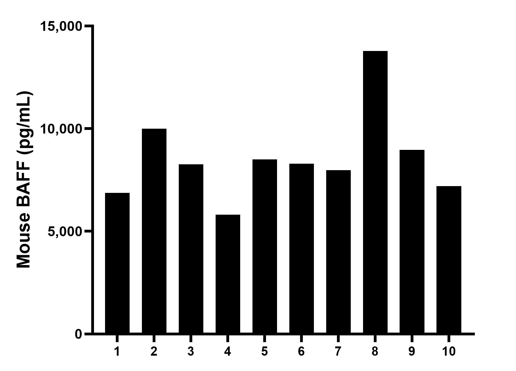 Serum of ten individual healthy human donors was measured. The mouse BAFF concentration of detected samples was determined to be 8,569.6 pg/mL with a range of 5,806.1 - 13,775.4 pg/mL.