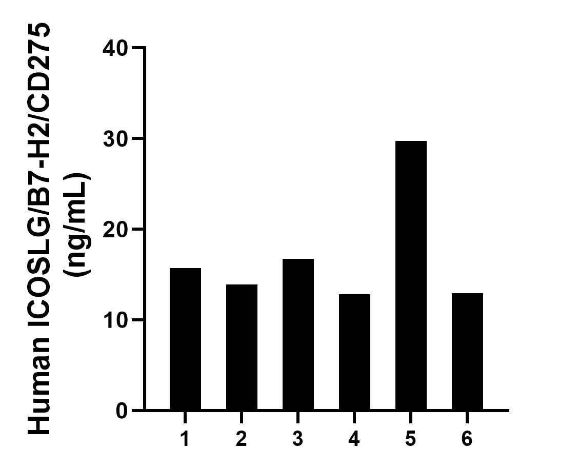 Serum of six individual healthy human donors was measured. The human ICOSLG/B7-H2/CD275 concentration of detected samples was determined to be 16.96 ng/mL with a range of 12.81 - 29.75 ng/mL.