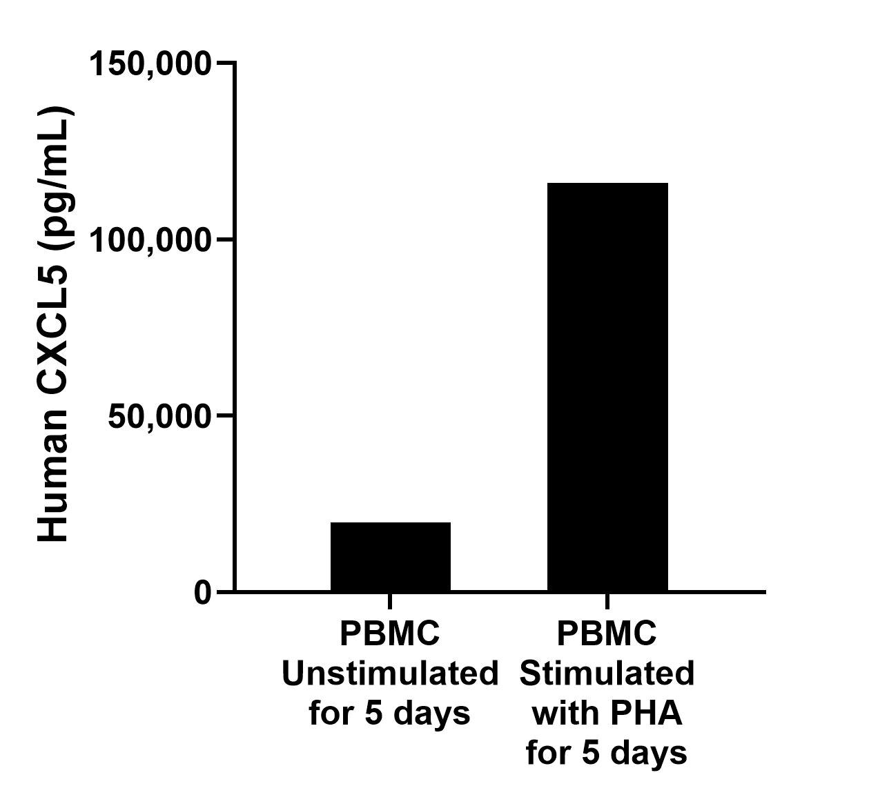Human peripheral blood mononuclear cells (PBMC) were cultured unstimulated or stimulated with 10 μg/mL PHA for 5 days. The mean CXCL5 concentration was determined to be 19,798.6 pg/mL in unstimulated PBMC supernatant, 115,946.9 pg/mL in PHA stimulated PBMC supernatant.