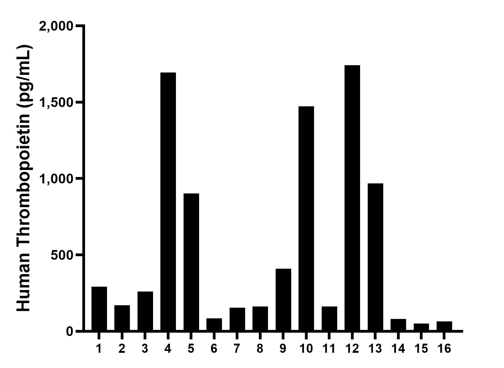 Serum of sixteen individual healthy human donors was measured. The human Thrombopoietin concentration of detected samples was determined to be 542.1 pg/mL with a range of 50.3-1,742.9 pg/mL. Serum of sixteen individual healthy human donors was measured. The human Thrombopoietin concentration of detected samples was determined to be 542.1 pg/mL with a range of 50.3-1,742.9 pg/mL.