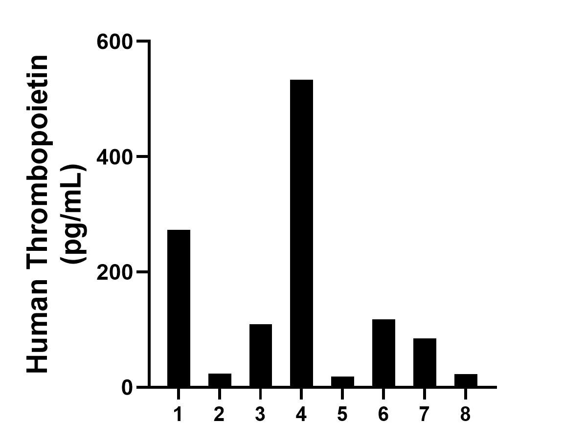 Plasma of eight individual healthy human donors was measured. The human Thrombopoietin concentration of detected samples was determined to be 148.1 pg/mL with a range of 18.7-533.8 pg/mL. Plasma of eight individual healthy human donors was measured. The human Thrombopoietin concentration of detected samples was determined to be 148.1 pg/mL with a range of 18.7-533.8 pg/mL.