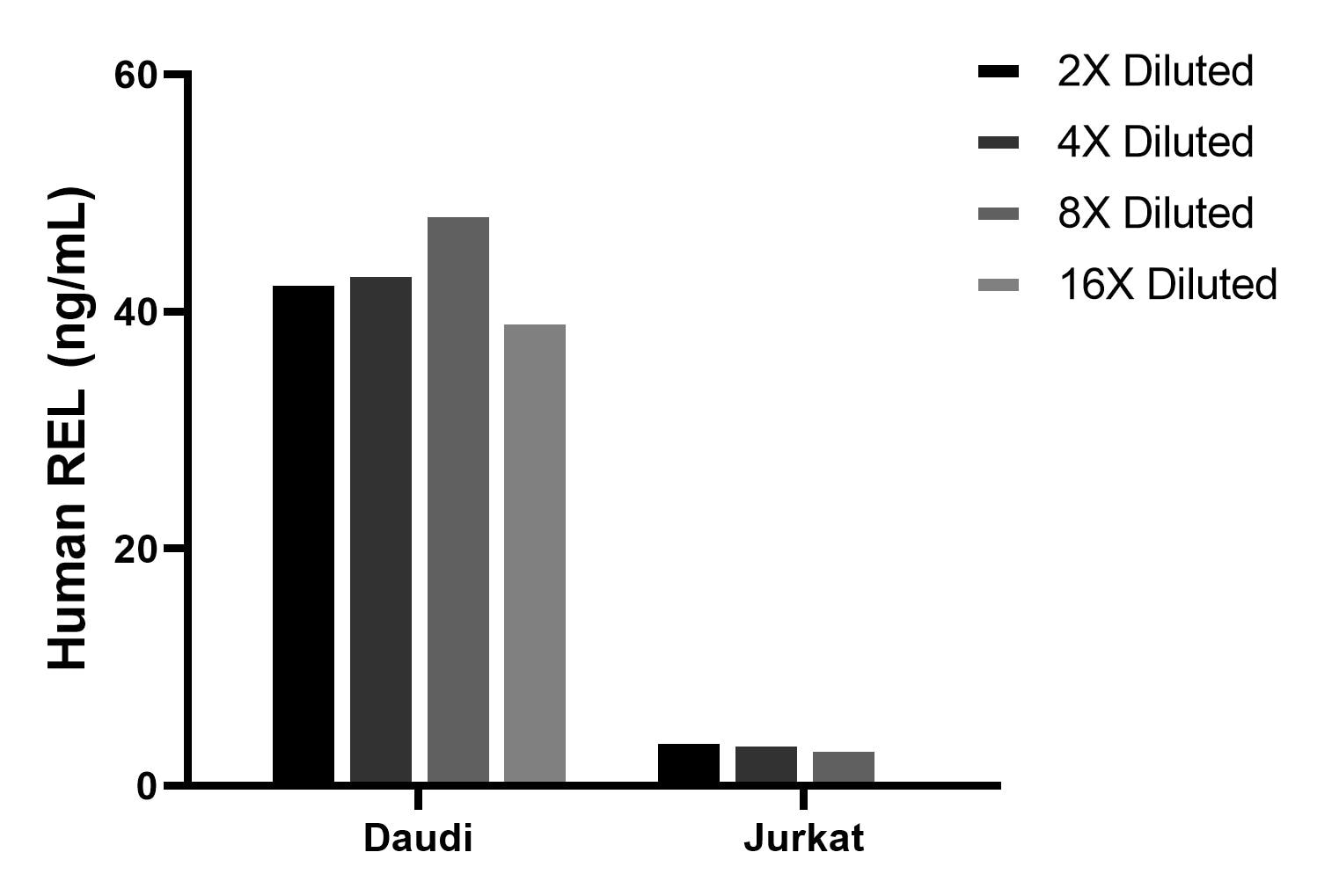 The mean REL concentration was determined to be 43.7 ng/mL in Daudi cell extract based on a 1.1 mg/mL extract load, 3.9 ng/mL in Jurkat cell extract based on a 1.2 mg/mL extract load.