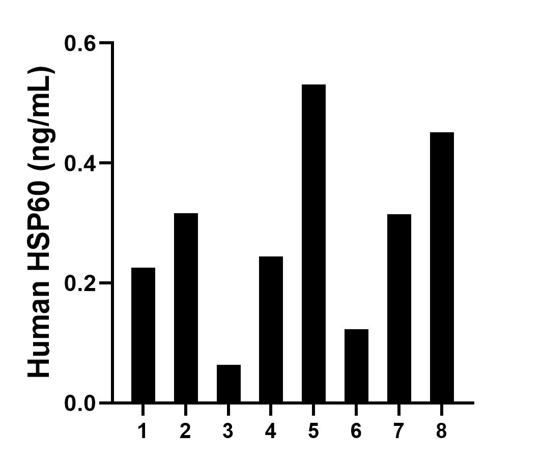 Plasma of eight individual healthy human donors was measured. The human HSP60 concentration of detected samples was determined to be 0.28 ng/mL with a range of 0.06 - 0.53 ng/mL.