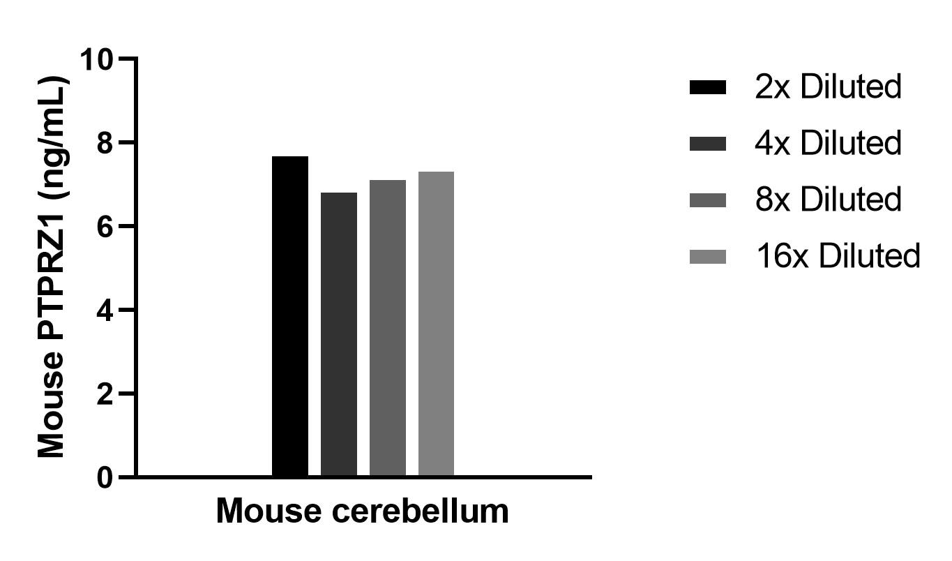 The mean PTPRZ1 concentration was determined to be 7.3 ng/mL in mouse cerebellum tissue extract based on a 2.9 mg/mL extract load. Sample test of MP02599-1