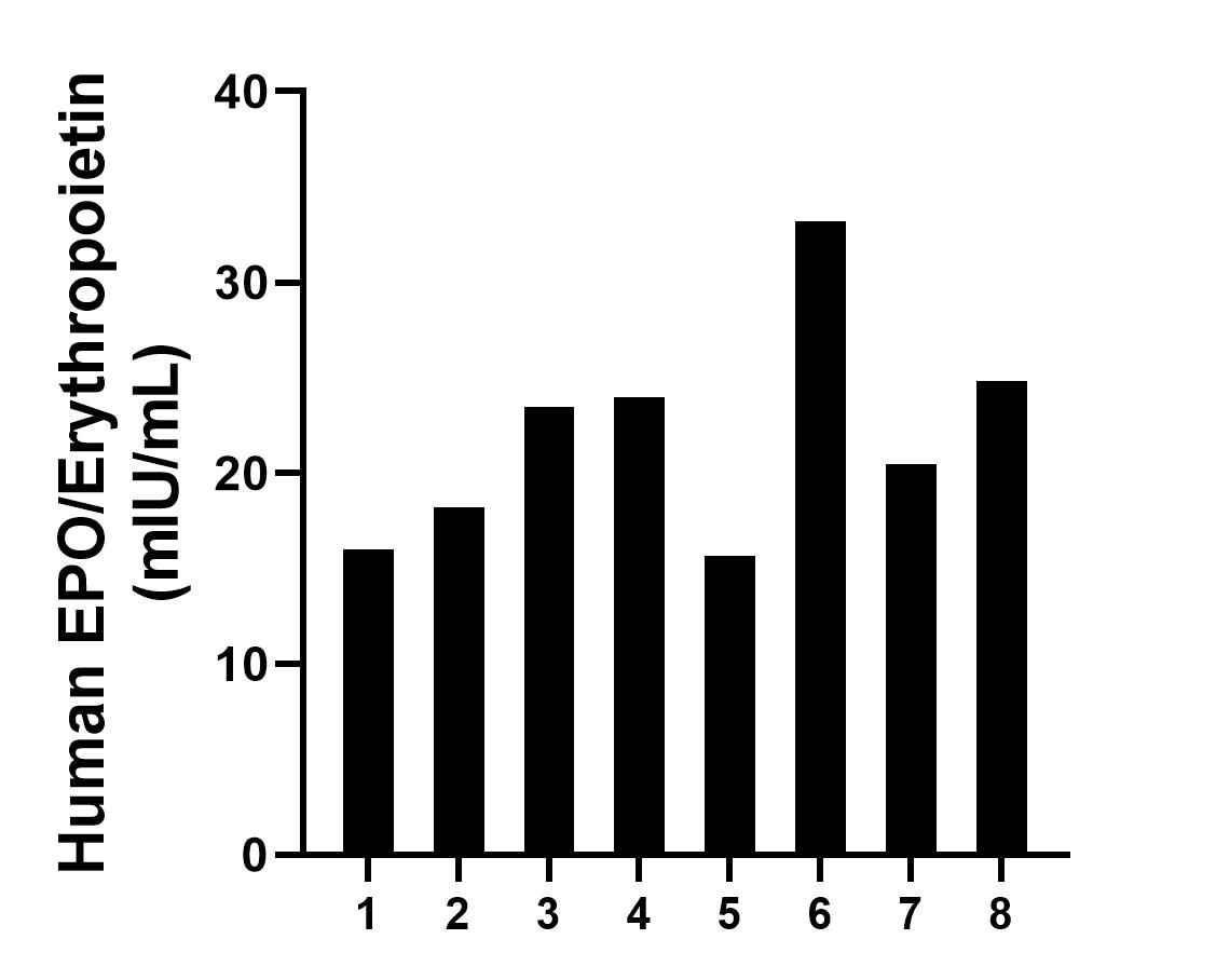 Serum of eight individual healthy human donors was measured. The human EPO/Erythropoietin concentration of detected samples was determined to be 21.97 mIU/mL with a range of 15.69 - 33.20 mIU/mL.