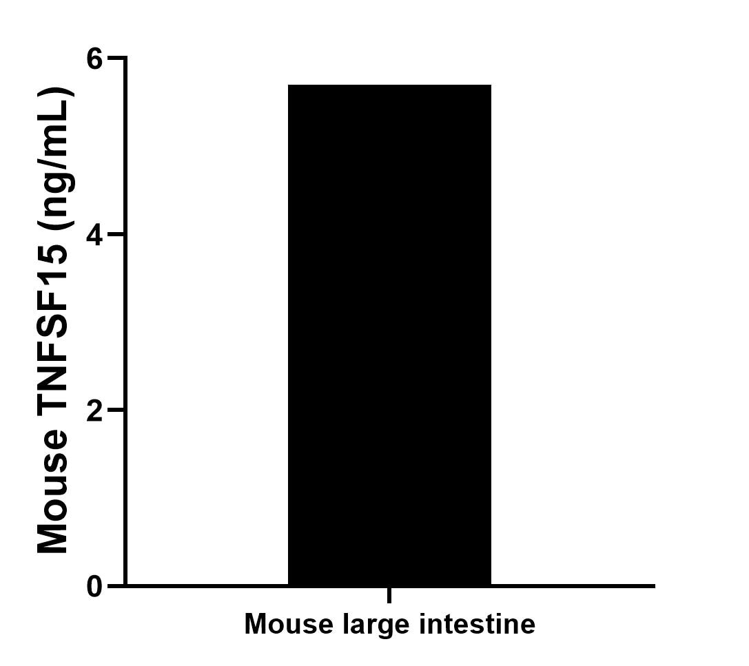 The mean TNFSF15 concentration was determined to be 5.70 ng/mL in mouse large intestine extract based on a 4.5 mg/mL extract load. Sandwich ELISA sample test of MP02970-1
