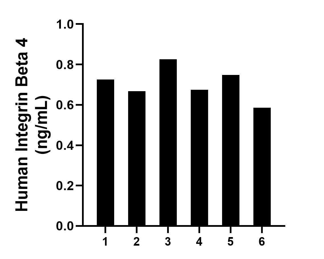 Plasma of six individual healthy human donors was measured. The human Integrin Beta 4 concentration of detected samples was determined to be 0.70 ng/mL with a range of 0.59 - 0.83 ng/mL.