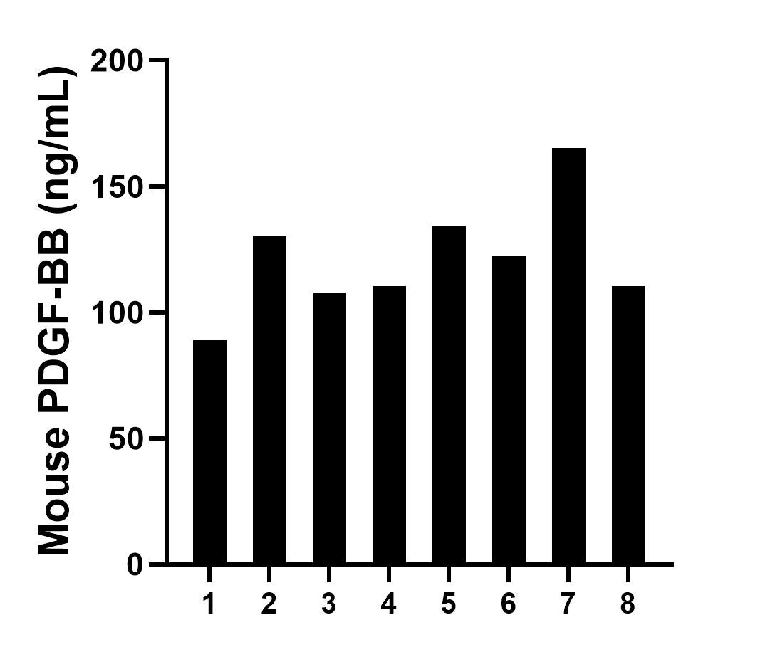 Serum of eight mice was measured. The mouse PDGF-BB concentration of detected samples was determined to be 115.71 ng/mL with a range of 89.30-134.38 ng/mL.