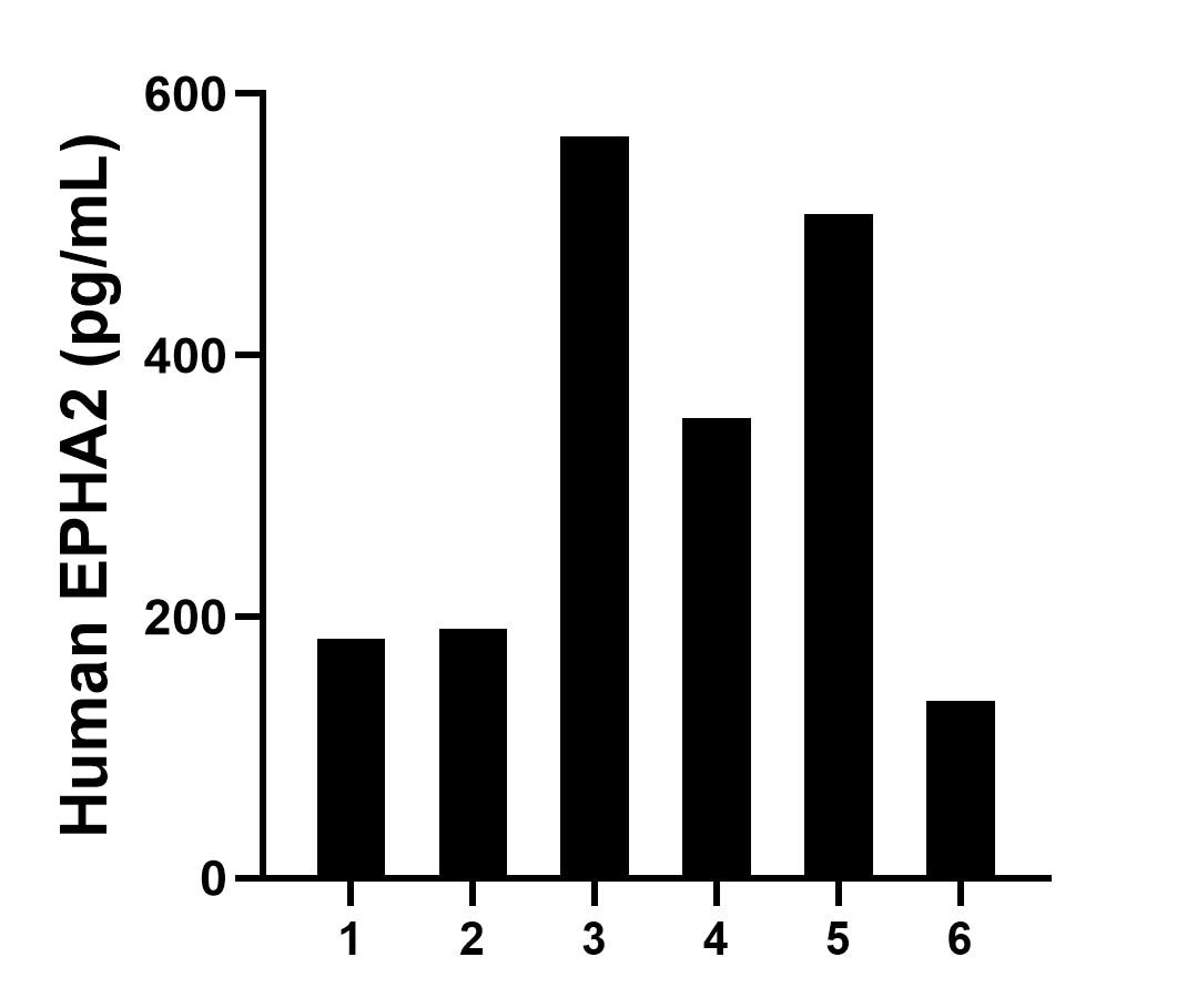 Plasma of six individual healthy human donors was measured. The EPHA2 concentration of detected samples was determined to be 322.9 pg/mL with a range of 135.9-567.2 pg/mL. Plasma of six individual healthy human donors was measured. The EPHA2 concentration of detected samples was determined to be 322.9 pg/mL with a range of 135.9-567.2 pg/mL.