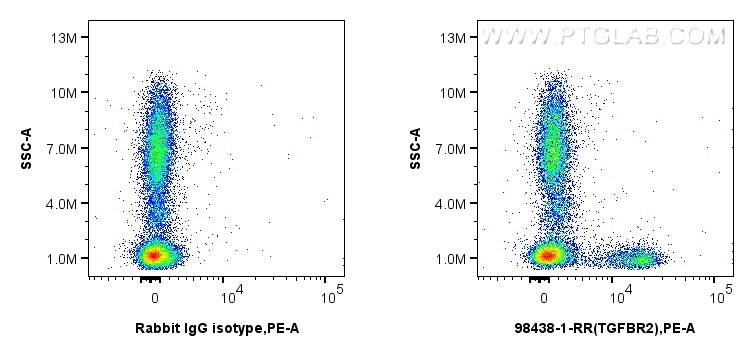 1x10^6 human peripheral blood leukocytes were surface stained with 0.25 ug Anti-Human TGFBR2 Rabbit RecAb (98438-1-RR, Clone: 250238A7) or 0.25 ug Rabbit IgG Isotype Control RecAb (98136-1-RR, Clone: 240953C9), and PE-Conjugated Goat Anti-Rabbit IgG(H+L). Cells were not fixed. This data was developed using the same antibody clone with 98438-1-PBS in a different storage buffer formulation. Flow cytometry (FC) experiment of human peripheral blood leukocytes using Anti-Human TGFBR2 Rabbit Recombinant Antibody (98438-1-RR)