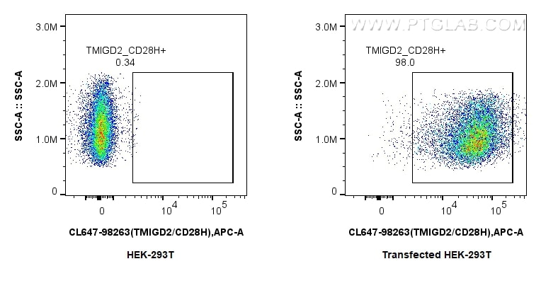 FC experiment of Transfected HEK-293T using CL647-98263 Flow cytometry (FC) experiment of Transfected HEK-293T cells using CoraLite® Plus 647 Anti-Human TMIGD2/CD28H Rabbit (CL647-98263)