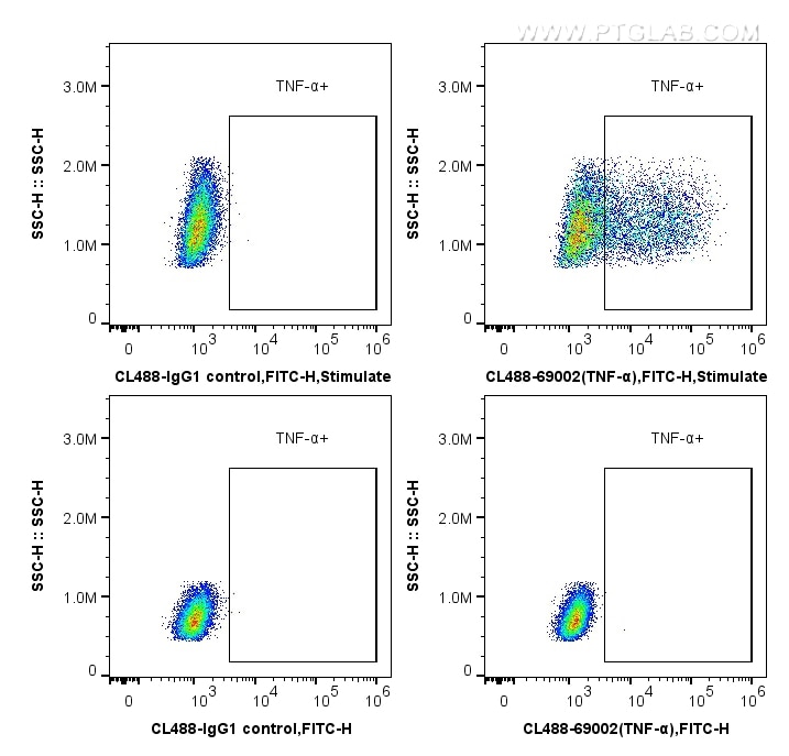 Flow cytometry (FC) experiment of THP-1 cells using CoraLite® Plus 488-conjugated TNF Alpha Monoclonal (CL488-69002)