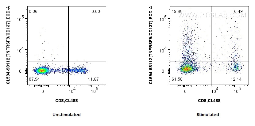 1x10^6 untreated or Con-A treated human PBMCs were surface stained with CoraLite® Plus 488 Anti-Human CD8 (UCHT4) Mouse IgG2a Recombinant Antibody (CL488-65559, Clone: UCHT4) and 5 ul CoraLite®594 Anti-Human TNFRSF9/CD137 Rabbit RecAb (CL594-98112, Clone: 241344F3). Cells were not fixed. Flow cytometry (FC) experiment of human PBMCs using CoraLite®594 Anti-Human TNFRSF9/CD137 Rabbit Recom (CL594-98112)