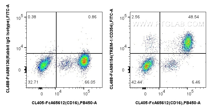 FC experiment of human peripheral blood leukocyte using CL488-FcA98154 Flow cytometry (FC) experiment of human peripheral blood leukocyte using FcZero-rAb® CoraLite® Plus 488 Anti-Human TREM-1/C (CL488-FcA98154)