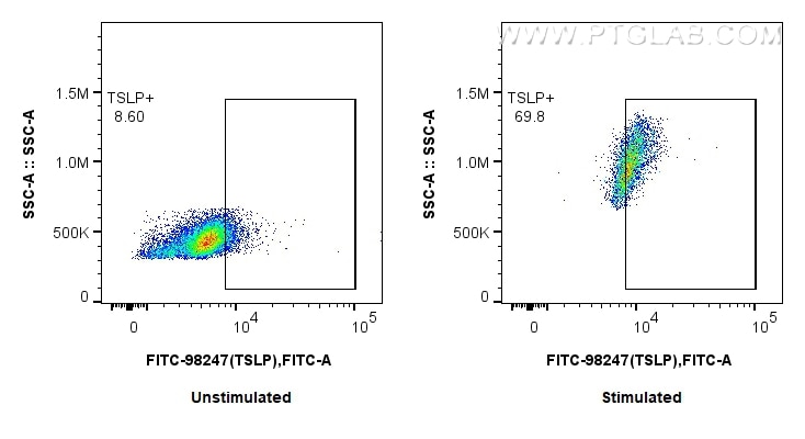 FC experiment of Human immature monocyte-derived dendritic cells using FITC-98247 Flow cytometry (FC) experiment of Human immature monocyte-derived dendritic cells using FITC Plus Anti-Human TSLP Rabbit Recombinant Antib (FITC-98247)