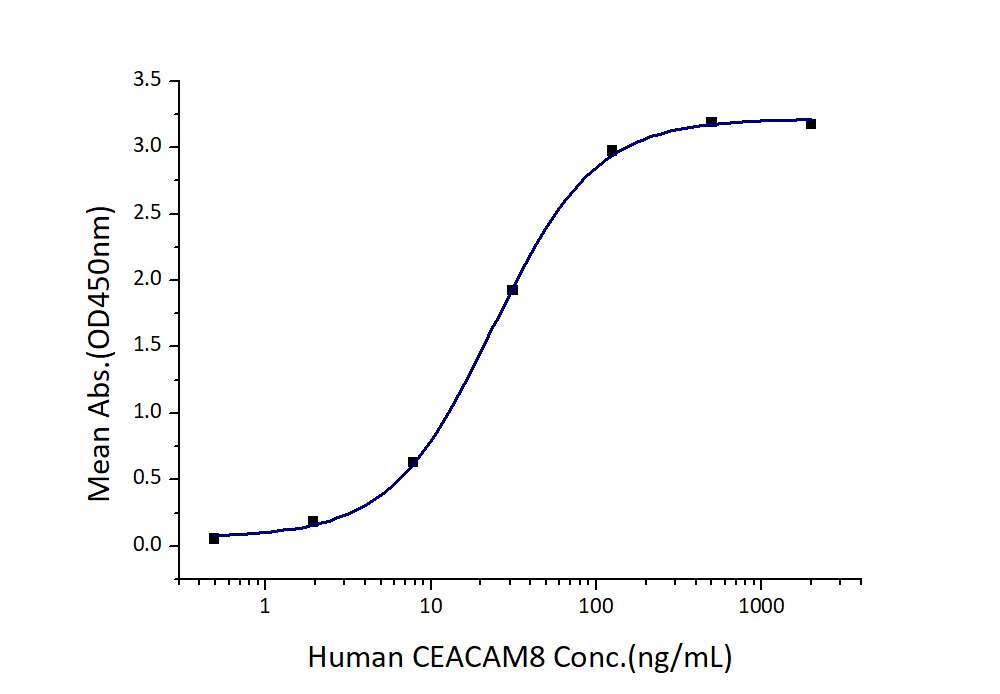 Immobilized Human CEACAM-6 (Myc tag, His tag) at 2 μg/mL (100 μL/well) can bind Human CEACAM-8 (hFc tag) with a linear range of 12-46 ng/mL.