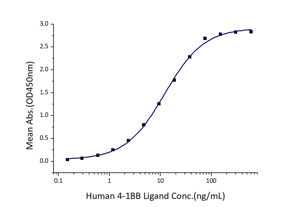 Immobilized Human 4-1BB (Myc tag, His tag) at 0.5 μg/mL (100 μL/well) can bind Human 4-1BB Ligand (hFc tag) with a linear range of 6-24 ng/mL. Immobilized Human 4-1BB (Myc tag, His tag) at 0.5 μg/mL (100 μL/well) can bind Human 4-1BB Ligand (hFc tag) with a linear range of 6-24 ng/mL.