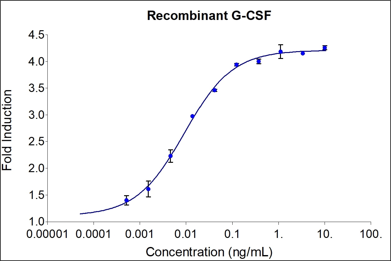 Recombinant human G-CSF (HZ-1207) stimulates dose-dependent proliferation of the M-NFS-60 Mouse Myeloid Leukemia indicator cells line. Viable cell number was quantitatively assessed by PrestoBlue® Cell Viability Reagent. M-NFS-60 cells were treated with increasing concentrations of recombinant human G-CSF for 72 hours. The EC50 was determined using a 4- parameter non-linear regression model. The EC50 value range is 0.009-0.05 ng/mL. 