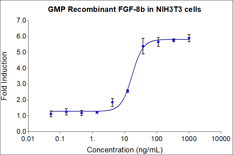 GMP Recombinant human FGF-8b (HZ-1103-GMP) stimulates dose-dependent proliferation of the NIH/3T3 mouse fibroblast cell line. Viable cell number was quantitatively assessed by Prestoblue Cell Viability Reagent. NIH/3T3 cells were serum starved in 0.02% FBS with 1 ug/mL heparin during treatment with increasing concentrations of recombinant human FGF-8b for 72hrs. Activity determination was conducted in triplicate on a validated bioassay. The EC50 was determined using a 4- parameter non-linear regression model. The EC50 values range from 10-60 ng/mL.

