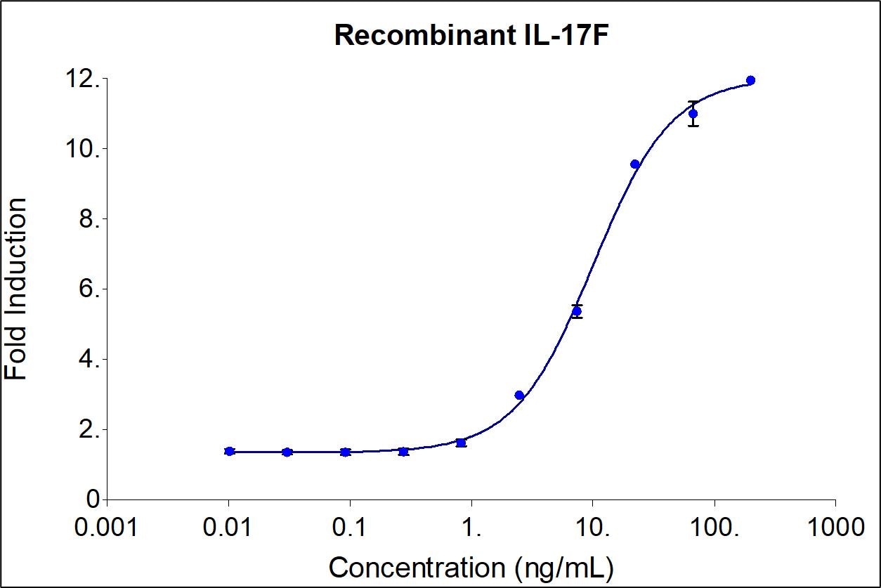 Recombinant human IL-17F (HZ-1116) stimulates dose-dependent induction of alkaline phosphatase production in a HEK293 reporter cell line. Alkaline phosphatase production was assessed using pNPP as a chromogenic substrate. The EC50 was determined using a 4-parameter non-linear regression model. The EC50 value range is 4.5-22.5 ng/mL.
