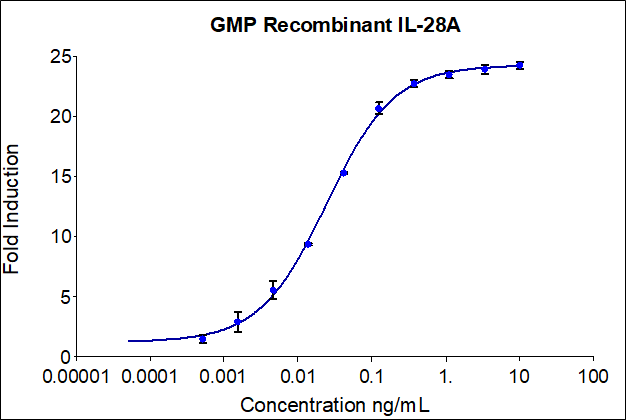 GMP Recombinant human IL-28A (HZ-1235) stimulates dose-dependent induction of alkaline phosphatase production in a HEK293 reporter cell line. Alkaline phosphatase production was assessed using pNPP as a chromogenic substrate. The EC50 was determined using a 4-parameter non-linear regression model. The EC50 values range from 0.01-0.06 ng/mL.