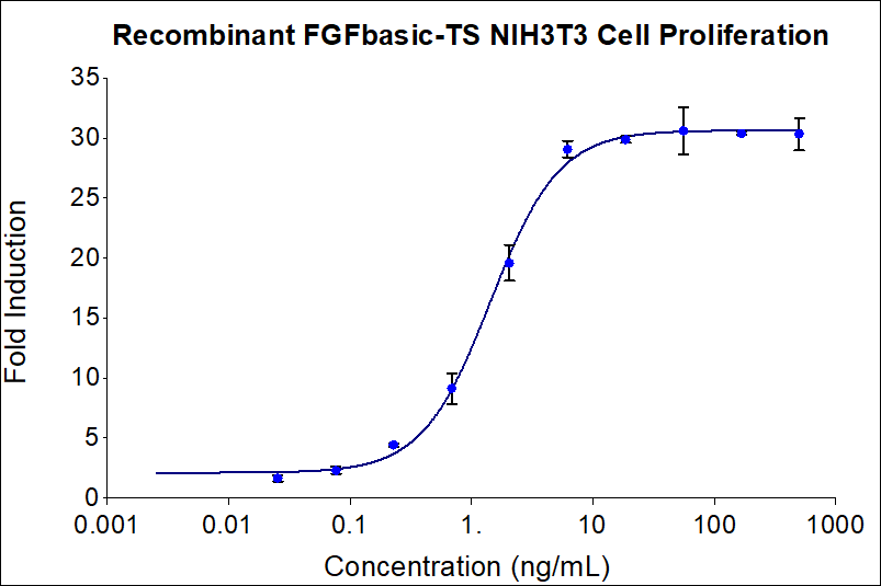 Recombinant human FGFbasic-TS (HZ-1285) stimulates dose-dependent proliferation of the NIH/3T3 mouse fibroblast cell line. Viable cell number was quantitatively assessed by Prestoblue Cell Viability Reagent. NIH/3T3 cells were serum starved with 0.02% FBS during treatment with increasing concentrations of recombinant human FGF basic-TS for 72hrs in defined medium. The EC50 was determined using a 4-parameter non-linear regression model. The EC50 values range from 0.4-2.5 ng/mL.