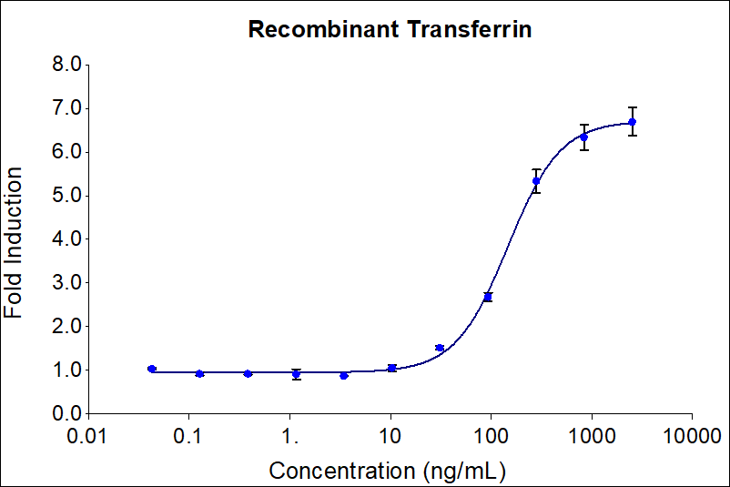 Recombinant human Transferrin (Cat no: HZ-1317) stimulates dose-dependent proliferation of the OKT4 mouse hybridoma cell line. Cell number was quantitatively assessed by Prestoblue® Cell Viability Reagent. OKT4 cells were treated with increasing concentrations of recombinant Transferrin for 72 hours. The EC50 was determined using a 4-parameter non-linear regression model. The EC50 range is 75-400 ng/mL.

