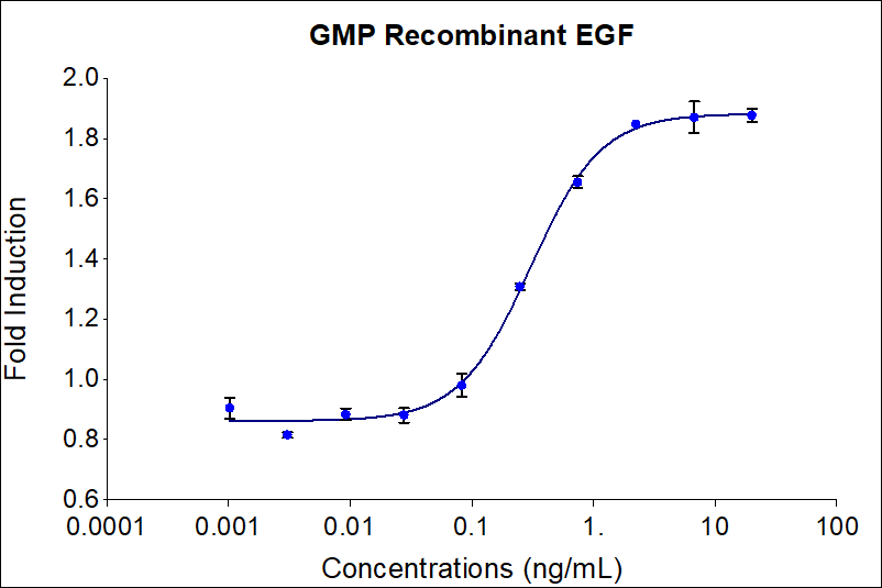 Recombinant human EGF (HZ-1326-GMP) induces dose-dependent proliferation of the 4MBr-5 (monkey epithelial) cell line. Cell number was quantitatively assessed by PrestoBlue® cell viability reagent. 4MBr-5 cells were treated with increasing concentrations of recombinant EGF for 120 hours. The EC50 was determined using a 4-parameter non-linear regression model. Activity determination was conducted in triplicate on a validated bioassay. The EC50 range is 0.1-0.6 ng/mL.